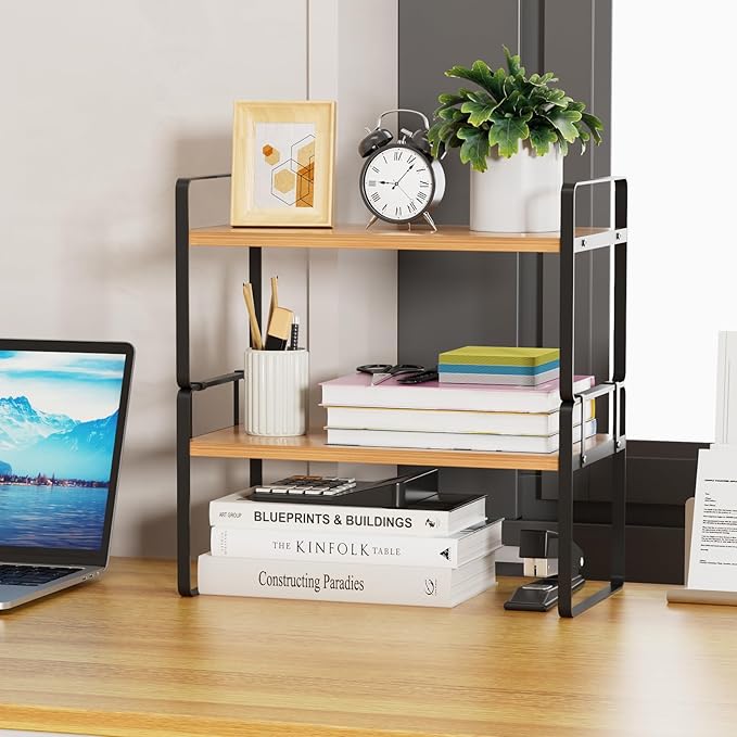 YGYQZ Desk Shelf Organizer for Top of Desk, Detachable 2 Tier Desktop Bookshelf, Wooden Desk Shelves Storage Rack, Small Desktop Shelf for Office Home Dorm, Tabletop Desk Organizer Stand (Black Wood)