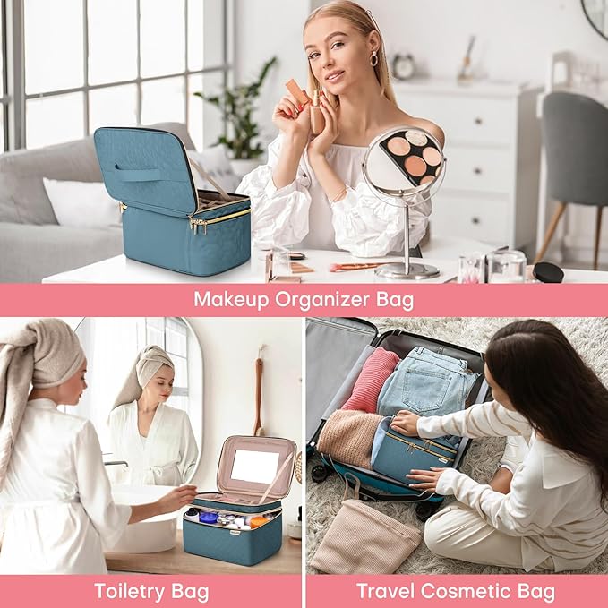HXLGMD Large Makeup Bag with Mirror Double Layer Travel Make Up Organizer Case, Large Capacity Coemetic with Brush Slot Divider, Travel Toiletry Bag for Women (Lake Blue)