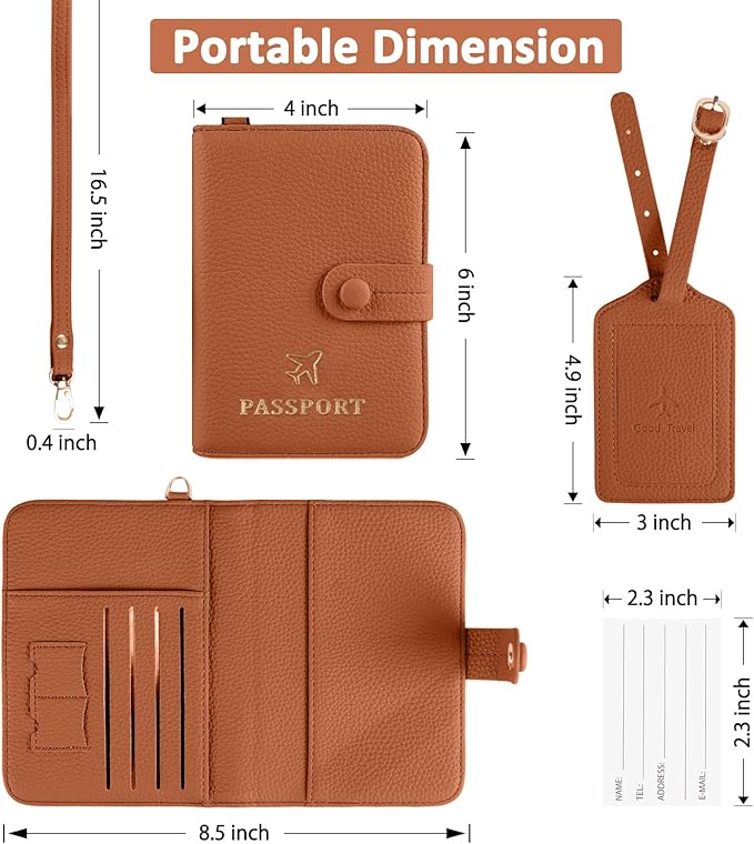 Boutilon Leather Passport Holder Covers Case with Neck Lanyard and Luggage Tag Waterproof RFID Blocking Travel Wallet Solid Color Passport Organization for Women and Men (Caramel Brown)
