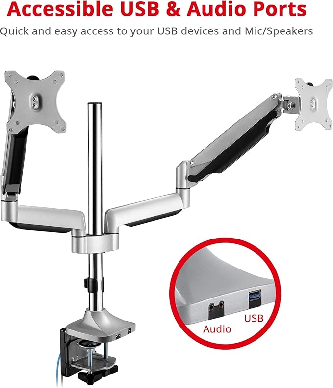 SIIG Dual Monitor Stand for 13" to 32", Premium Desk Mount with USB and Audio Ports, Height Adjustable, Tilt and Swivel, Max VESA 100x100mm, C-Clamp, Each Arm Holds 19.8 lbs (CE-MT2X11-S1)