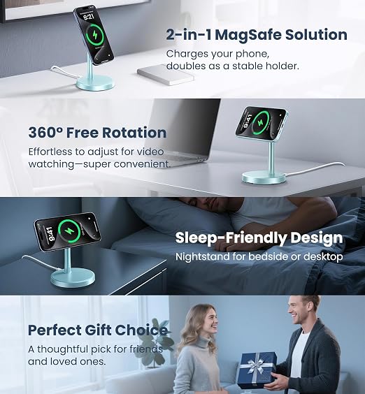 Magnetic Wireless Charger iPhone, 2 Pack 15W Fast Mag-Safe Charger Stand for iPhone 17/17 Air/17 Pro/17 Pro Max 16/15/14/13/12 Series, Wireless Charging Station for Pad/AirPods(Blue)