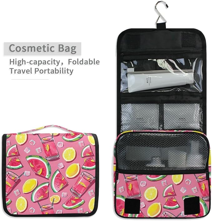 Hanging Travel Toiletry Bag Kit Boys Makeup Case Cosmetics Organizer for Men Women (Watermelon Slices Pink Lemonade)