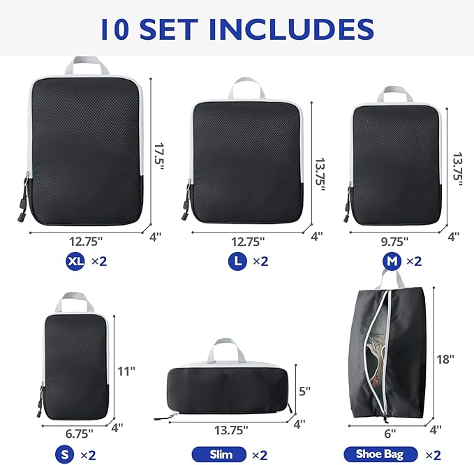 Compression Packing Cubes, 10 Set Packing Cubes for Travel Compression, Lightweight Compressible Package Organizer for Carry On and Suitcases, Black and Grey