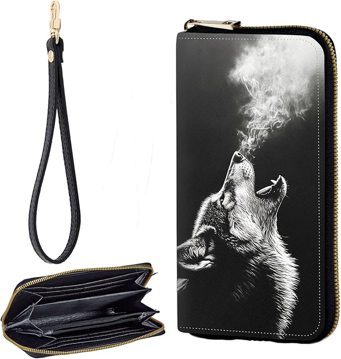 Zip Around Wallets for Women with Detachable Wrist Strap, Large Capacity RFID Blocking Leather Purse Organizer Card Holder Wristlet,Howling Wolf