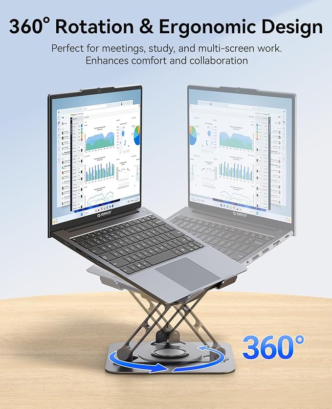 ORICO Adjustable Laptop Stand for Desk, 360° Rotating Base, Foldable Aluminum Alloy Computer Stand with Ventilated Design, Compatible with MacBook Air/Pro, Dell, XPS, HP up to 17'' - ST12, Gray