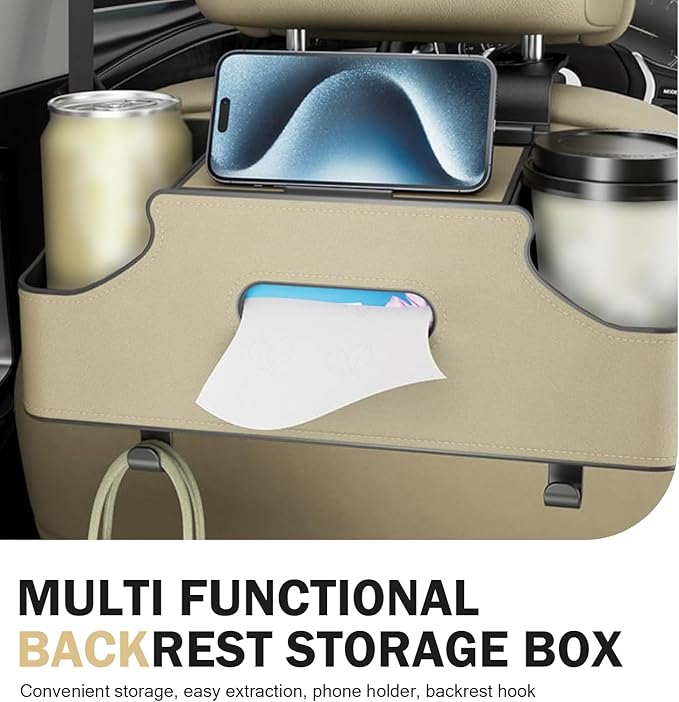 SLIMI 1 PC Car Backseat Organizer, 3 in 1 Multifunctional Double Cup Holder Tissue Box with 2 Hooks, Universal Car Seat Back Organizer, for Most Cars (Beige)