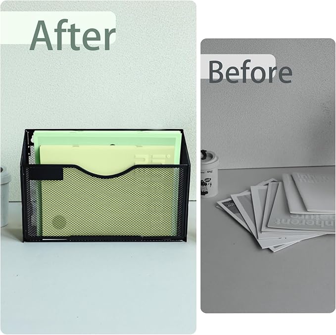 6 Packs 1 Tier A4 Mesh in Tray Hanging Wall File Holder Magazine Document Holder Mail Organiser Magazine Storage Rack,Durable Metal Mesh Filing Storage, Black