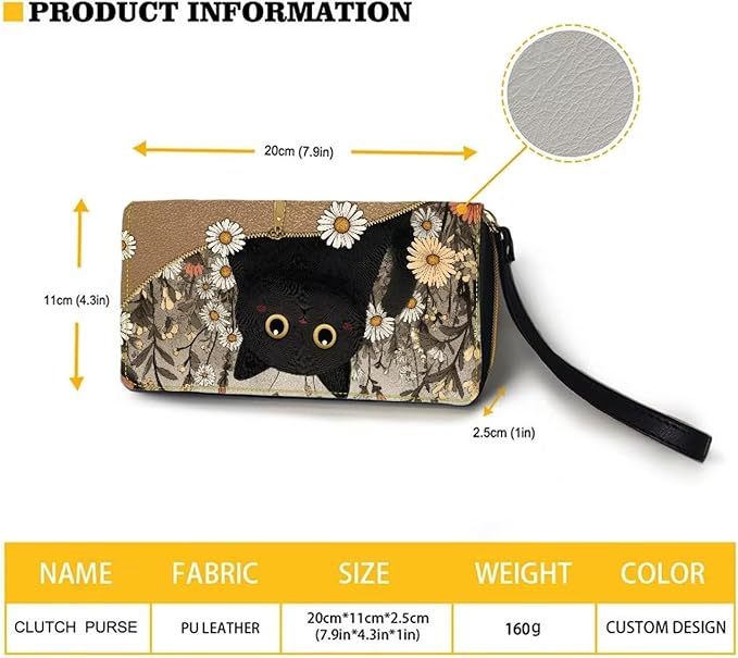 Bulopur Daisy Black Cat Wallet for Women Purse with Wristlet PU Leather Waterproof Ladies Purses Handbag Zip Around Coin Cash Clutch Card Organizers Gifts for Him