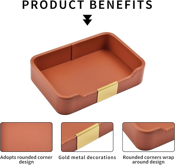 Luxury Leather Valet Tray Desktop Storage Organizer,Bedside Vanity Catchall Tray Nightstand Caddy Holder for Cosmetic,Jewelry,Watch,Keys,Phone,Wallet,Remote Controller,Pen,Orange