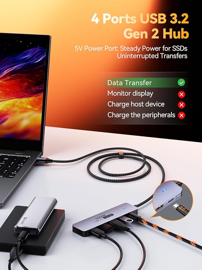 USB 3.2 Gen2 Hub, QUUGE 5-in-1 USB Splitter with 4 USB-A 10Gbps Ports, USB Multiport Adapter with 120cm Nylon Cable, 5V 2A Type-C Power Port for MacBook, Mac Pro, iMac, Laptop, PC, Flash Drive, HDD