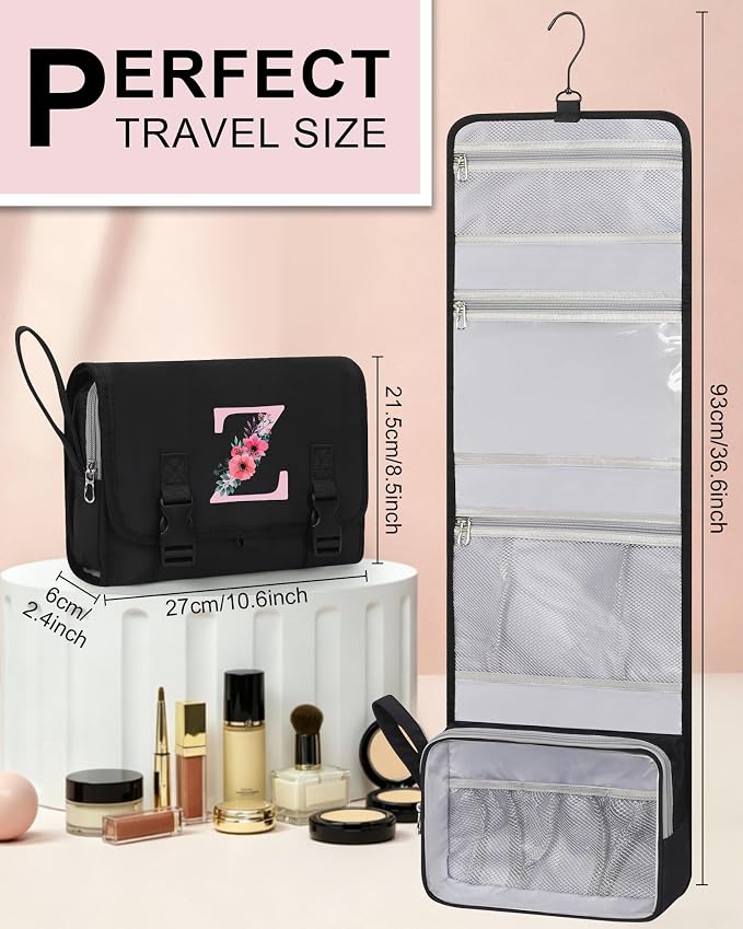 Relavel Hanging Toiletry Bag for Women, Initial Makeup Bag with Hanging Hook, Personalized Travel Organizer with Compartments for Full-Sized Toiletries, Birthday Gifts for Teen - Black Z