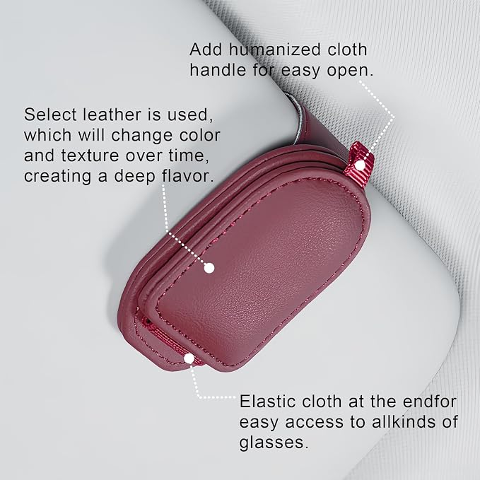 Sunglass Holder for Car Visor, Magnetic Leather Eyeglass Holder, Universal Car Sunglass Organizer Visor Accessories for SUV Truck Pickup, 2 Pack (Red)