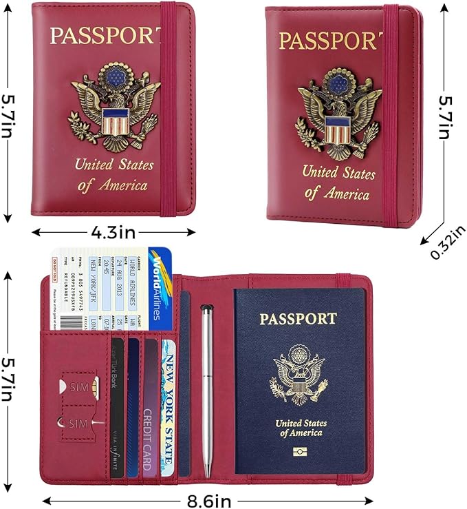 Cnycmy Passport Holder for Travel, Pu Leather Travel Wallet, RFID Blocking, Metal United States Coat of Arms, Waterproof cover for Family (Burgundy)