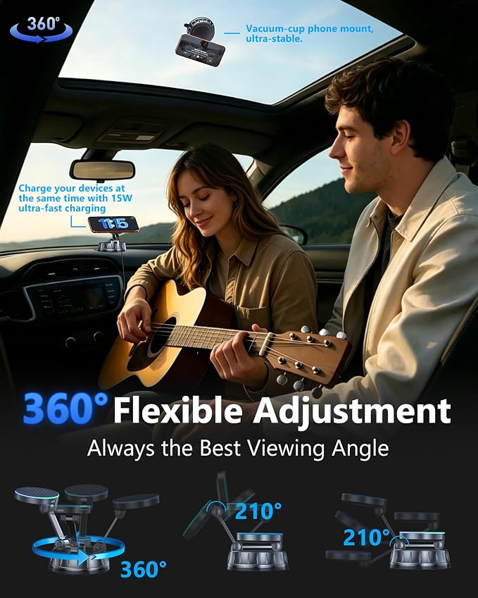 15W MagSafe Car Charger Mount, Magnetic Wireless Car Phone Holder with Dual Input Port, Vacuum Suction & Nano Adhesive Base, 360° Rotation Stable Car Charging Stand for iPhone 12-17, Samsung S26