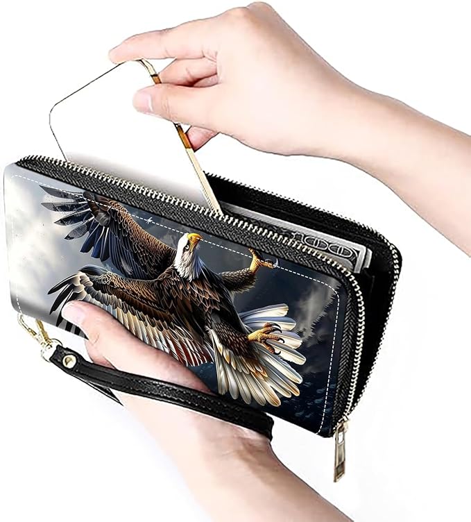 Women's Large Capacity Wallet PU Leather Zip Around Clutch Purse Multifunctional Wallet with Removable Wristlet Strap for Smart Phone/Coin/Card/Cash, Bald Eagle