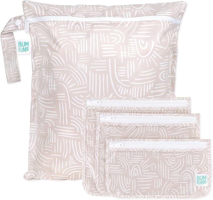 Bumkins - Waterproof Wet Bag & Clear Travel Bags - For Beach, Baby, Travel, Swim Suit, Cloth Diapers, Pump Parts, Pool, Gym, Toiletries - Reusable & Easy to Clean - Boho Beige - 4 Pack