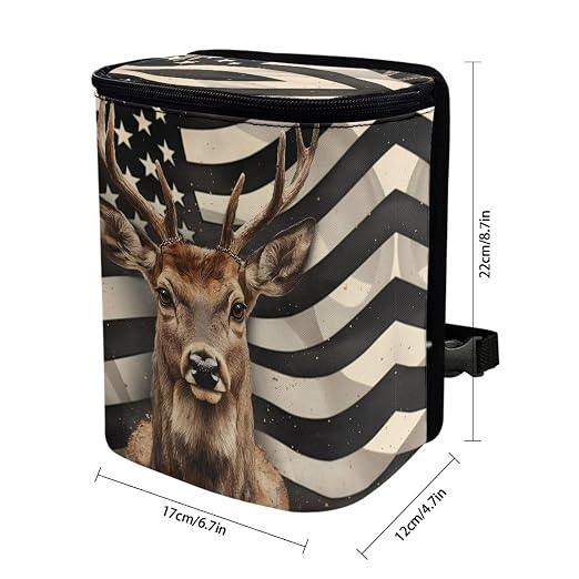 Biyejit USA Flag Deer Car Trash Can, Leak-Proof Waterproof Trash Bin Collapsible Portable Auto Garbage Bag Large Capacity Trashcan Storage Bag Multipurpose Car Organizer Hanging