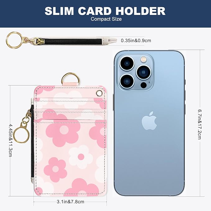 Slim Wallet Credit Card Holder, Pink Daisy, RFID Wallet Women Cute Small Front Pocket Wallet With Zipper, PU Leather Thin travel RFID Blocking Card Case ID Window,Ladies Gifts