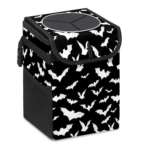 Car Trash Can with Lid Black and White Goth Bats Collapsible Reusable Leak-Proof Auto Garage Bag,Hanging Vehicle Car Accessories Interior Car Organizer