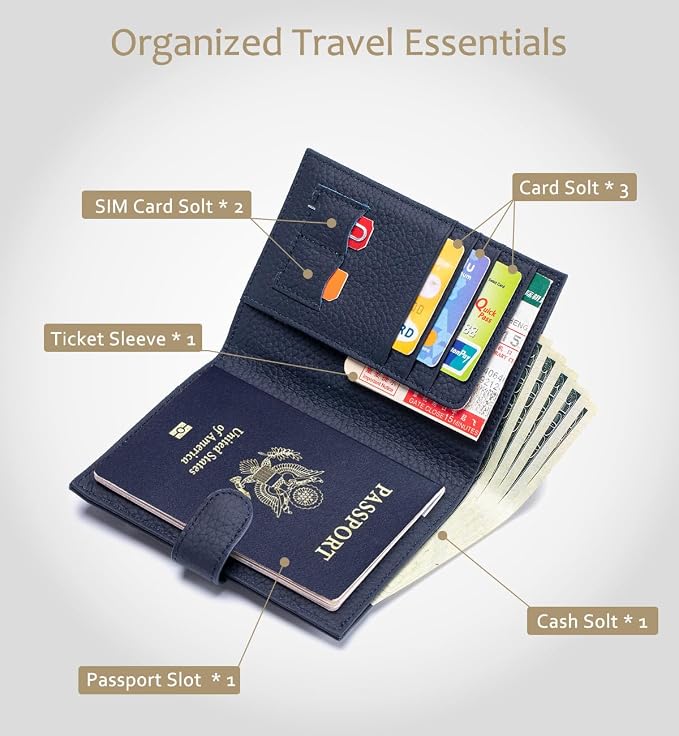 RFID Blocking Leather Passport Holder for Travel Women & Men | Slim Passport Wallet for Womens with Card Slots, Zippered Coins Pocket and Cash Holder, Gift Box Ready (Sapphire Blue)