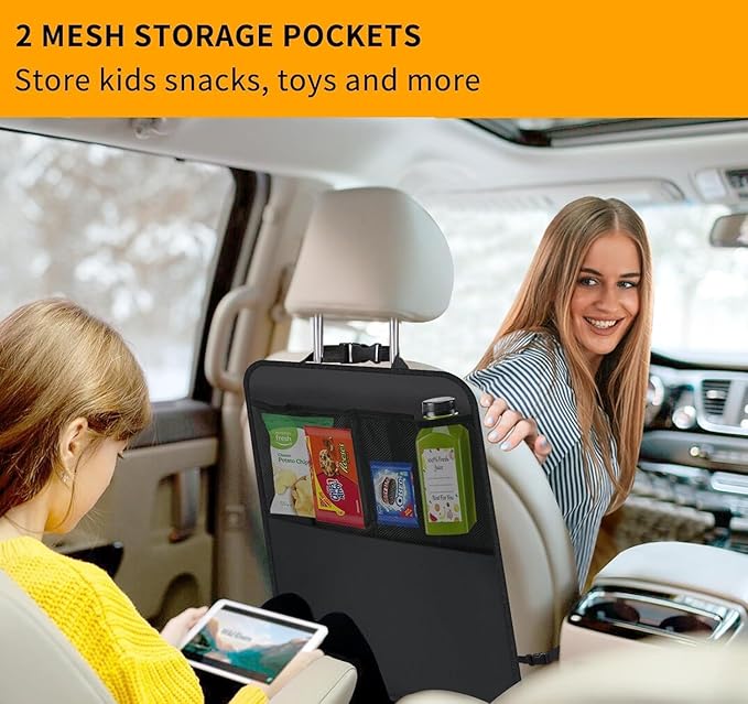 Car Seat Back Protector with Mesh Storage Pockets, Water-Resistant Kick Mat Seat Back Organizer for Kids, Easy Clean, Universal Fit for SUV/Truck, Set of 2, Black (With mesh *2)