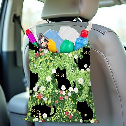 Black Cat Car Trash Bag, Car Trash Bag Hanging, Waterproof Cars Back Seat Hanging Organizer and Storage Trash Bags for Vehicle Travelling Camping