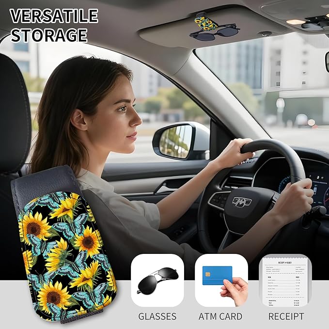 Sunglasses Holder for Car Visor, PU Leather Glasses Clip Organizer, Cute Magnetic Eyeglass Holder for Vehicle Sun Visor, Car Interior Accessory for Women & Men Sunflower Butterfly Field