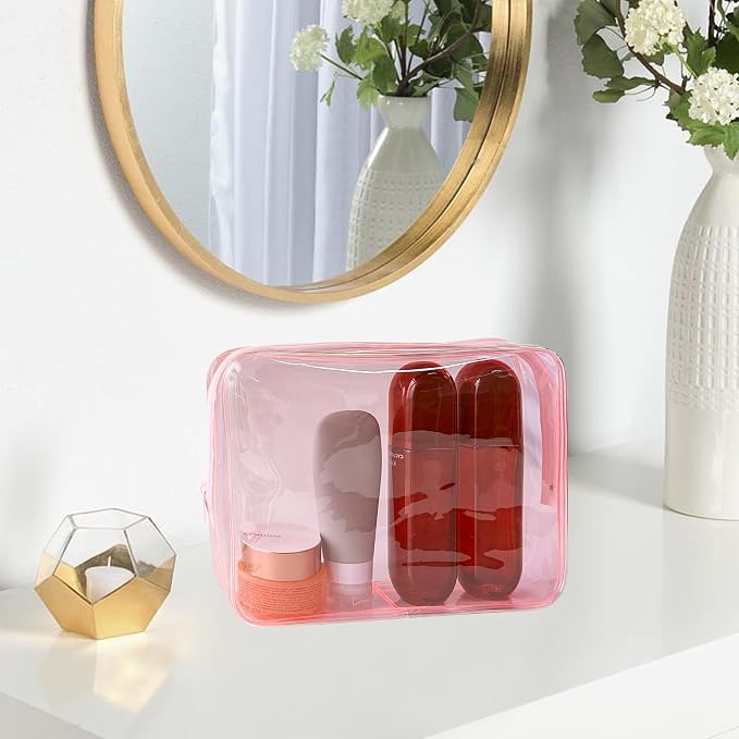 Waterproof PVC Makeup Bag - Leakproof Cosmetic Organizer for Travel Toiletry Storage 9.84×7.09×2.36 Inch for Women & Men (Pale pink)