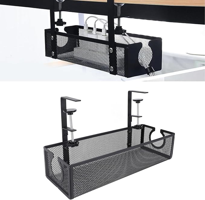 Fdit Fdit Under Desk Cable Management Tray, No Drill Metal Cable Organizer with Clamp, Wire Management Tray with Cable Ties for Home Office Desk (Black)