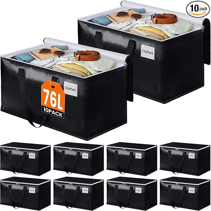 BlissTotes Moving Bags, Heavy Duty Moving Boxes with Zippers Top and Sturdy Handles, Storage Bags for Space Saving and Packing, Collapsible Moving Supplies, Storage Totes (76L, 10-Pack, Black)