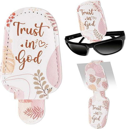 HemerVows Sunglass Holder for Car, Bohemian Trust in God Floral Print Magnetic Leather Visor Clip, Universal Sun Visor Accessory Eyeglass Holder for SUV Pickup Truck
