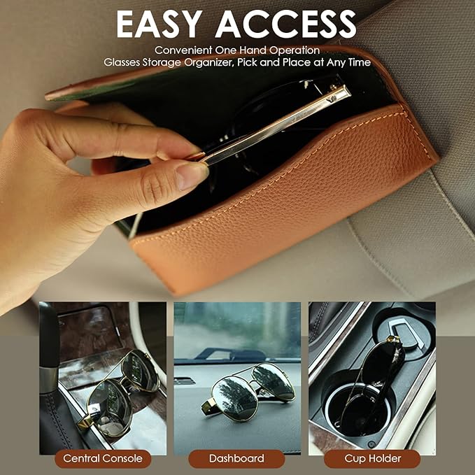 Magnetic Sunglass Holder for Car Visor Clip, Leather Car Glasses Holder, Visor Accessories Eyeglasses Holder Glasses Storage Case (02-Brown)