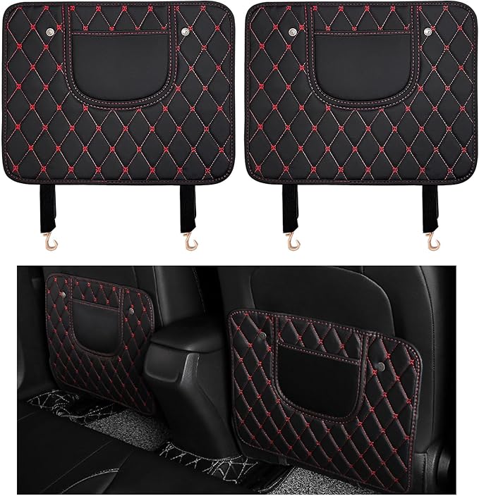 2 PCS Car Kick Mats, Leather Back Seat Protector with Storage Bag, Waterproof Automotive Backseat Cover Pad Prevent Kids Dirt Mud and Scratch, Interior Car Accessories(Black & Red)