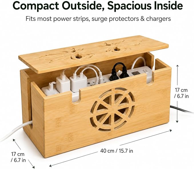 Cable Management Box - Large Bamboo Cord Organizer for Desk and Home Office - Power Strip Hider with Ventilation, 15.7 x 6.7 x 6.7in