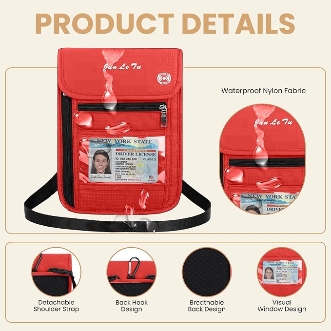 Passport Holder for Travel, RFID Passport Wallet with Visual Window Design, Multifunctional Document Organizer, Waterproof Travel Pouch Neck Wallet for Men and Women, Red