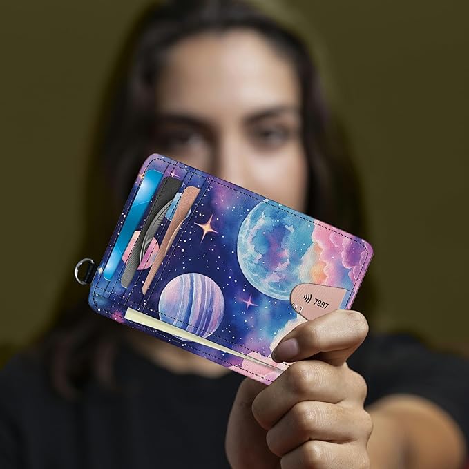 Small Travel Wallets, Pink Starry Planets Slim Minimalist Front Pocket Wallet with Wristlet, RFID Blocking PU Leather Credit Card Holder with ID Window Change Purse for Men Women