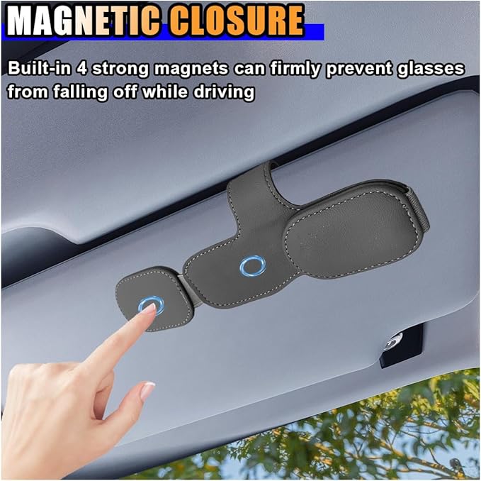 smilfuy Magnetic Leather Sunglasses Holder for Car Visor Clip, Car Sun Visor Ticket Card Clip Double Clip, Auto Glasses Eyeglass Hanger Clip, Eyeglasses Mount Interior Car Accessories (Grey)