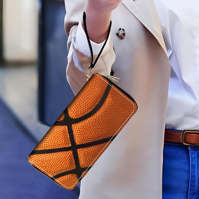 Women's Large Capacity Wallet PU Leather Double Zipper Clutch Purse Multifunctional Wallet with Removable Wristlet Strap for Smart Phone/Coin/Card/Cash, Basketball Surface