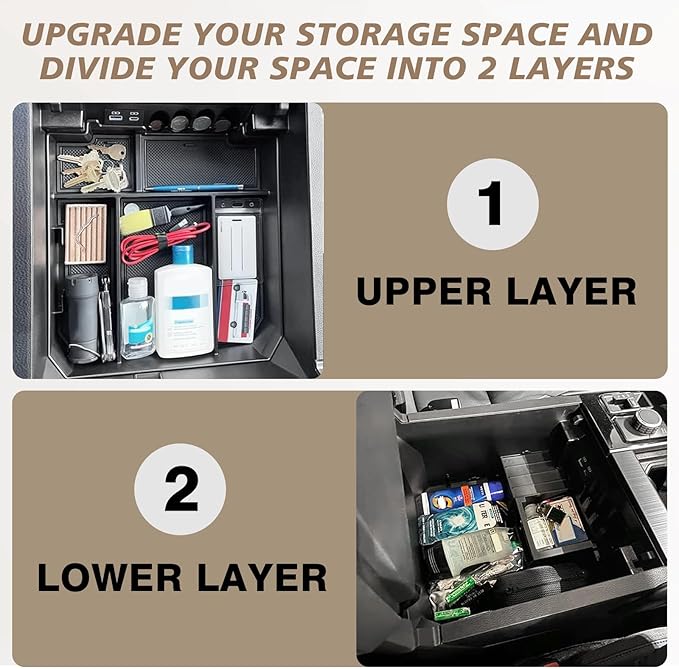 Muslogy Center Console Organizer Compatible with Toyota Tundra 2022-2025 2026 Accessories Middle Insert Box & Lower Center Console Storage Gear Shift Storage Box 2PCS Set(Console Organizer+Lower Tray)
