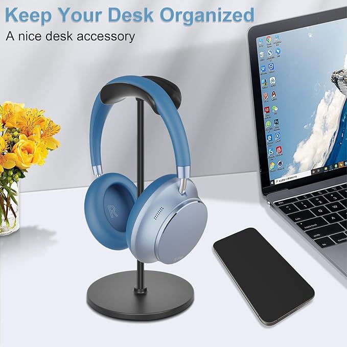 T-fun Headphone Stand, Curved Headset Stand with Aluminum Rod ABS Solid Base Gaming Headset Holder for Desk Headphone Accessories for Organization and Display, Black