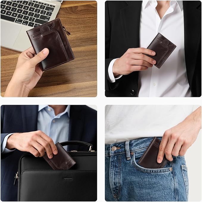 BAIGIO Genuine Leather Wallets for Men, Large Capacity Mens Bifold Wallet Leather RFID Blocking with Huge Zip Coin Pocket, 14 Credit Card Slots, Men's Cash Wallet in Gift Box, Brown