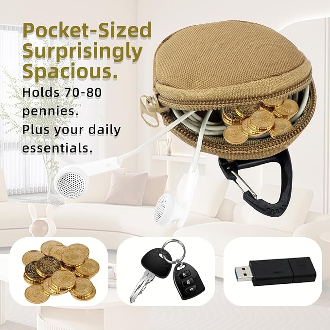 Coin Pouch for Men 2PCS Khaki, 1000D Nylon Small Zipper Change Purse with Triangle Buckle, Mini Portable Compact Pocket Coin Holder for Loose Change