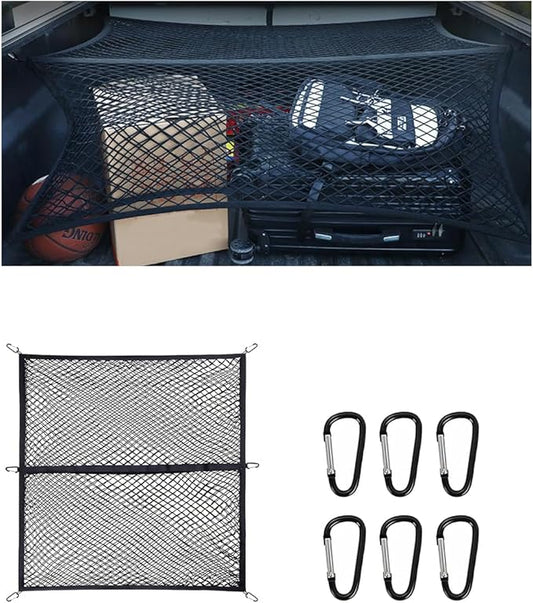 Zpana Truck Bed Cargo Net for Pickup, Highly Elastic 4'x4' Stretch to 7'x7' Stretchable Trunk Organizer Mesh with 6 PCS Carabiners, Auto Storage Accessories, Universal for Vehicles(Double Layer)
