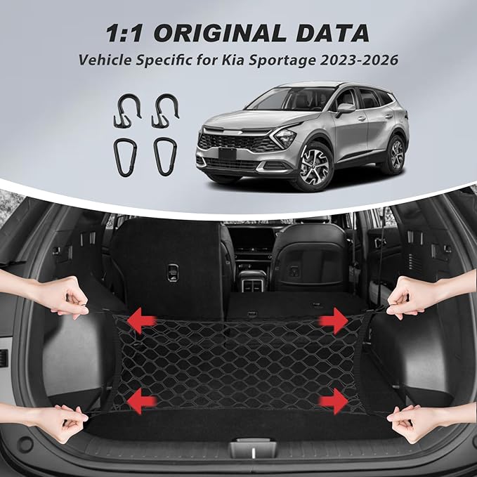 Karltys Envelope Style Cargo Net for Kia Sportage 2023 2024 2025 2026, Elastic Rear Trunk Cargo Net for 2025 Sportage Accessories Heavy Duty Nylon Mesh Storage Netting Organizer with Metal Hooks