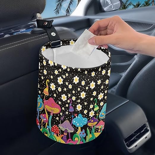Mushroom Daisy Trash Can Leak Proof Waste Basket Container Bag Bin Hanging Cup Holder Organizer with Strap Mini Car Interior Accessories for Auto, Camping, Travelling