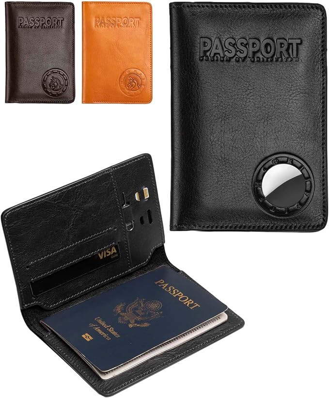 Passport Holder for Travel, Genuine Leather Passport Holder with AirTag Slot, RFID Passport Cover for Airport Essentials, Travel Wallet, Travel Must Haves Gifts