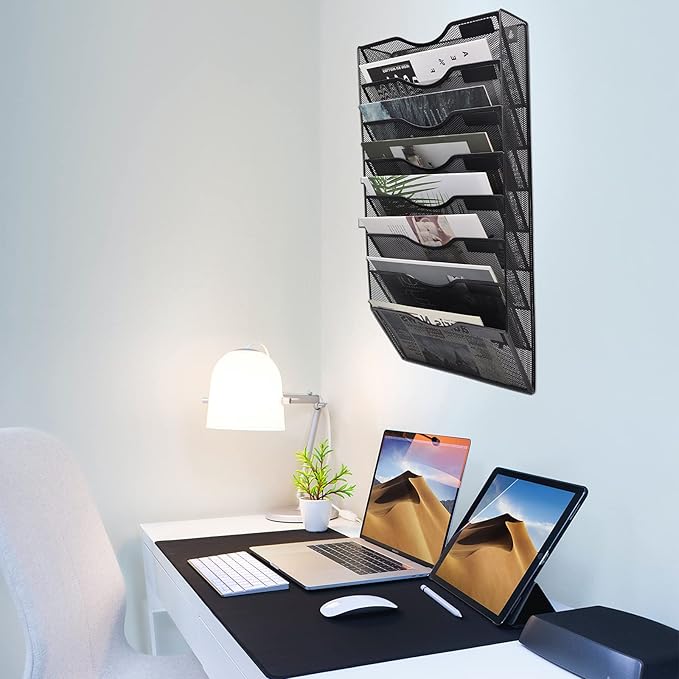 EASEPRES 8 Pocket Mesh Hanging Wall File Organizer, Wall Mounted Mail Paper Document Folder Holder, Clipboard Storage Organization Magazine Rack with Nametag Label for Office Home School, Black