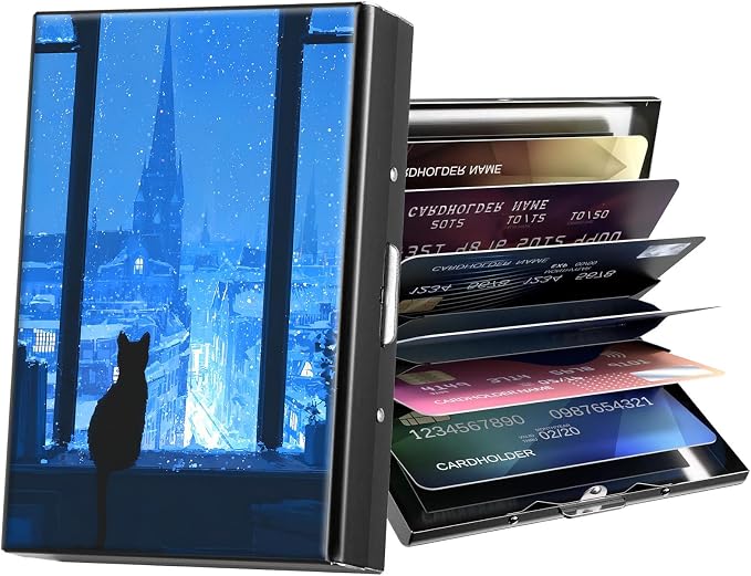 Metal Wallet,Credit Card Holder for Women Men,RFID Blocking Card Holder Mini Slim Aluminum Wallet ID Case Hard Case Business Card Holder Case,Cute Cat Blue