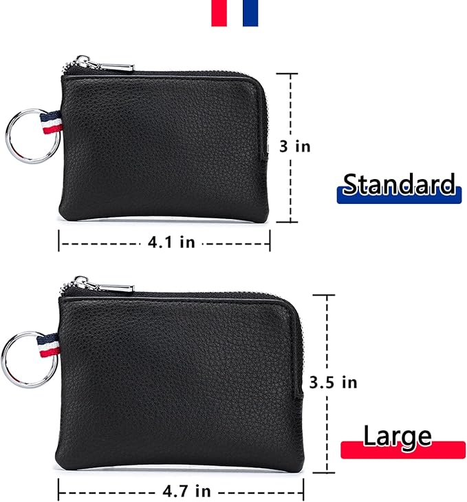 Leather Coin Purse, Change Purse for Men Women (Black, large) | Mini Coin Pouch with Zipper & 2 Keyrings, Water-resistant Genuine Leather Wallet for Pocket, Daily,Gifts
