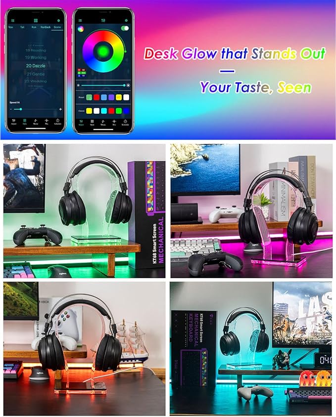 OAPRIRE Acrylic RGB Headphone Stand | Customizable 213 Lighting Modes & 60,000 Colors, Lights Sync with Music Beat, Headset Stand with 4.8ft USB Power Cable & Sturdy Build